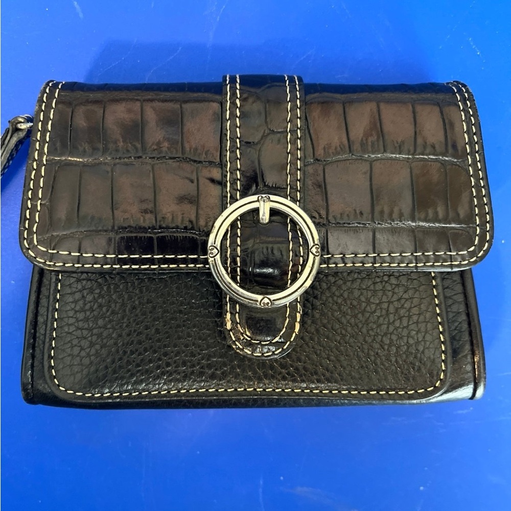 Brighton Black Croc-Embossed Leather Wallet with Buckle Accent